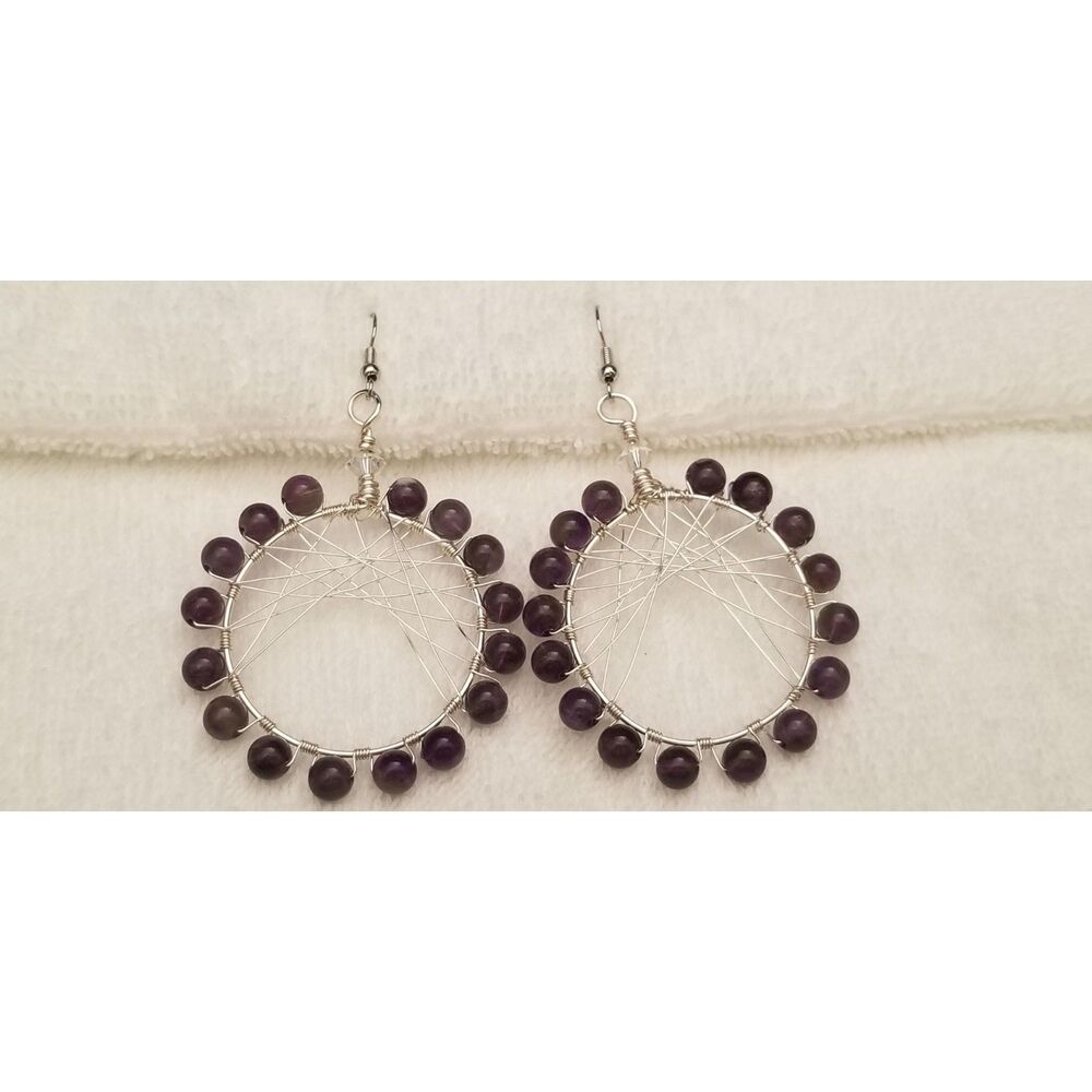 Handmade Amethyst Wire Wrapped Hoop Earrings Boho Dreamcatcher Style Jewelry
